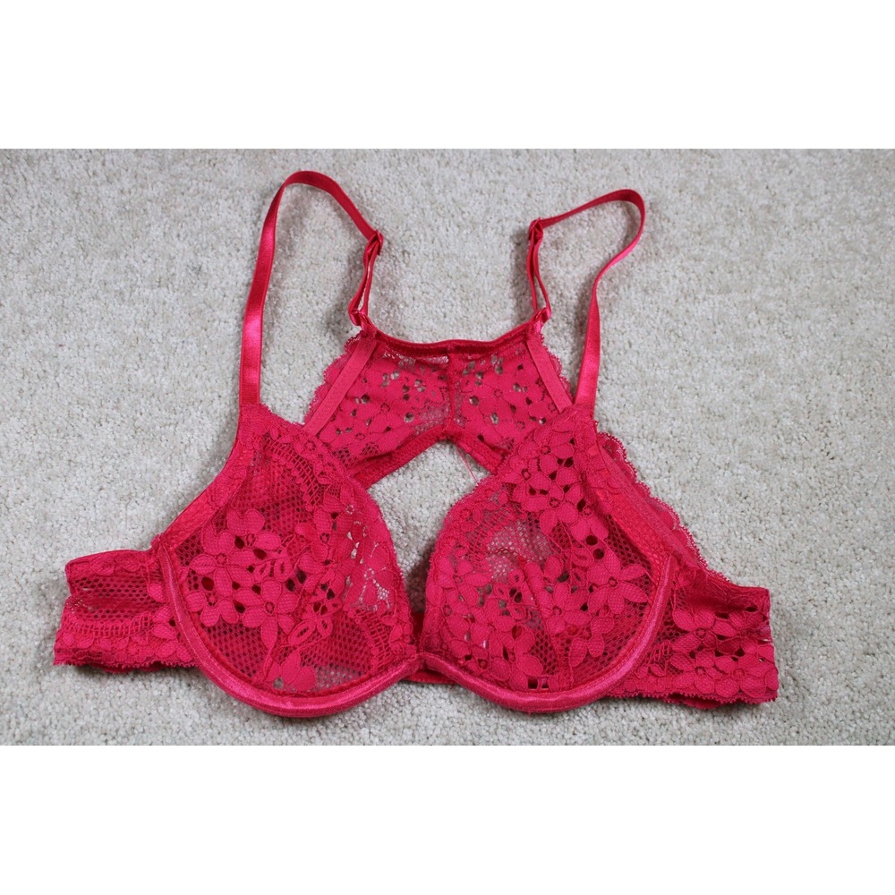 Floral Lace Bralette Womens‎ 32A Pink Sheer Mesh Adjustable Straps Lightweight